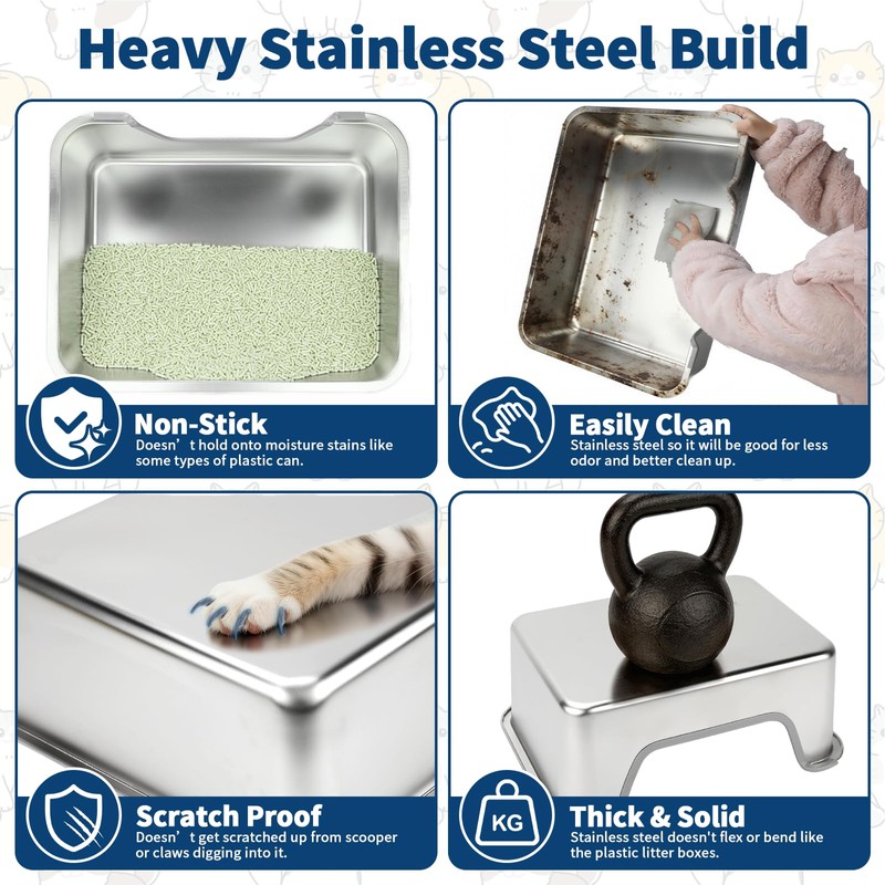 FHTONGE Low Entry Thickened Stainless Steel Cat Litter Box, 23.6x15.8