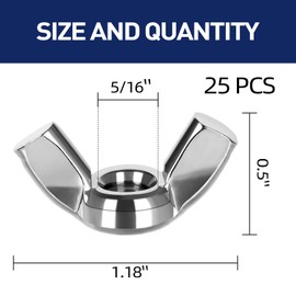 5/16-18 Wing Nuts, Stainless Steel 18-8 (304), Parts Hurrican Screws Hand Twist Tighten Ear Butterfly Nut, 25 PCS