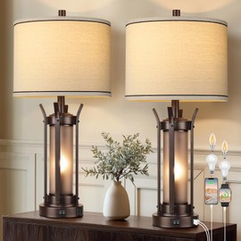 QiMH Farmhouse Table Lamps Set of 2 for Living Room, Beside Lamps for Bedroom with USB A+C Charging Ports, Rustic Nightstand Lamp with Frosted Glass Night Light, 4 Bulbs Included (Oil Rubbed Bronze)