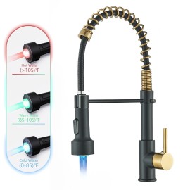 MVMHOME Black and Gold LED Kitchen Faucet with Pull Down Sprayer 1 Hole Mixer Sink Tap
