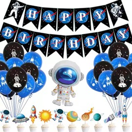Outer Space Party Decoration Set, Include Astronaut Balloons, Happy Birthday Banner, Cupcake Toppers, for Space Astronaut Theme Birthday Party Supplies