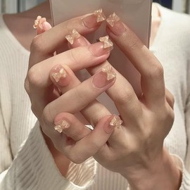 MouyouGlow Press on Nails Short, Square Sheer Nude Base 3D Bow Tie Ribbon Bow Tie Fake Nails Artificial Nails with Nail Glue, Y2K Coquette Artificial Fingernails, Pack of 10 (88-XS Size)