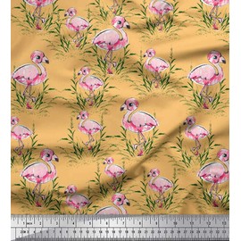 Soimoi Orange Cotton Voile Fabric Grass & Flamingo Bird Print Sewing Fabric metre 42 Inch Wide