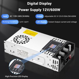 Yaheeda Adjustable Power Supply with LED Display - AC110V/220V to DC 0-12V Converter 600W 50A Power Supply