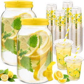 FillTouch 302 Pcs Lemonade Stand Supplies Kits Include 2 Pcs 1 Gallon Clear Plastic Drink Dispenser with Spigot 100 Set 12oz 16oz Lemonade Cups with Lids and Paper Straws for Summer Birthday Party