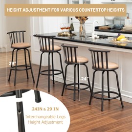 Bar Stools Swivel Set of 2, Barstools Adjustable Counter Height Low Back with Comfortable Footrest, Armless Bar Chairs for Kitchen Island Bar Height with Interchangeable Legs, 24/29 Inch, Brown