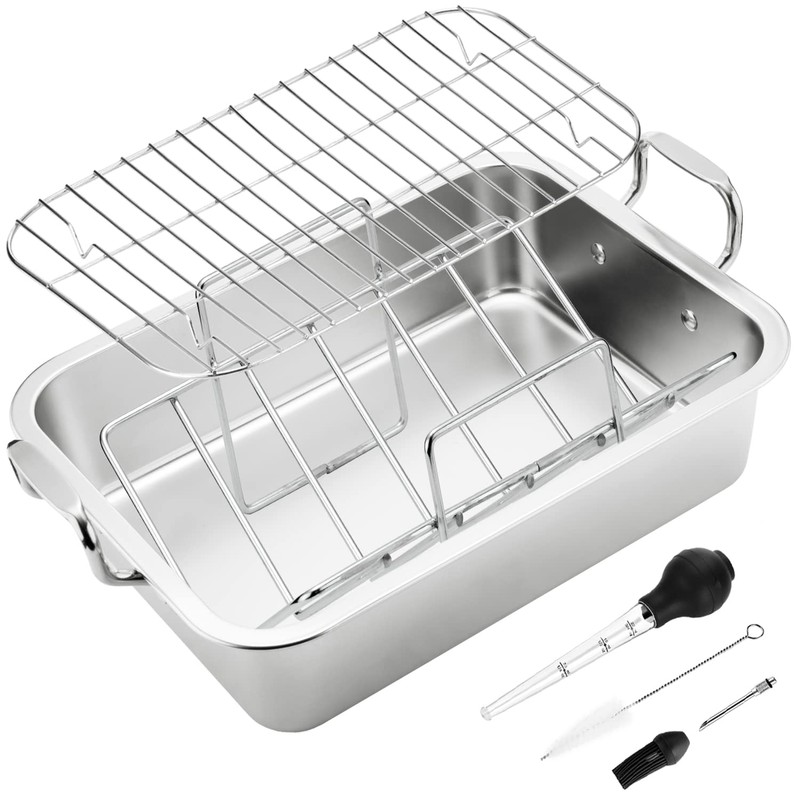 15 Inch Stainless Steel Roasting Pan with V-Shaped Rack and