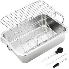 15 Inch Stainless Steel Roasting Pan with V-Shaped Rack and Turkey Baster - Rectangular Roaster for Turkey, Chicken, Vegetables - Fits 20lb Turkey