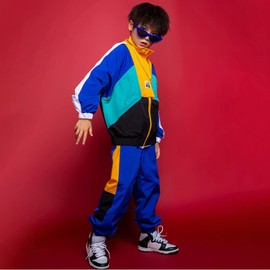 LOLANTA Unisex Kids Color Block Clothing Set,Stylish Street Hip Hop Dance Costume,8-9 Years,B-Blue,140