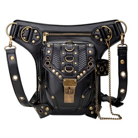 RainboSee Gothic Waist Bag Punk Tactical Drop Leg Bag Outdoor Bike Motorcycle Cycling Hiking Fanny Pack Hip/Thigh Pouch Shoulder Bag Black, Gold Rivet, 6.4"L × 1.9"W × 7.8"H