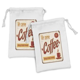 Ambesonne Retro Fabric Pouch Set of 2, Tin Rusty Faded Fresh Brewed Coffee Print from Old Days Fifties Style Art Work, Small Drawstring Bag for Toiletries Masks and Favors, 9" x 6", Cream Red Orange