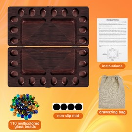 4-Player Mancala Board Game, Foldable Solid Wood with 110 Multi-Coloured Glass Beads, Instruction Manual, Non-Slip Mat,Suitable for Family Party Travelling Adults Puzzle Interactive Game.