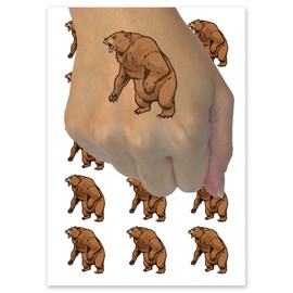 Angry Grizzly Bear Standing and Roaring Temporary Tattoo Water Resistant Fake Body Art Set Collection - 15 2" Tattoos (1 Sheet)