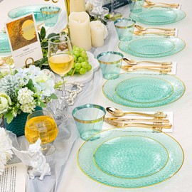 DaYammi 350 Pcs Clear Green Gold Plastic Plates, Hammered Disposable Dinnerware, Clear Green Plates Set Include 100 Plastic Platos, 150 Gold Disposable Silverware, 50 Cups And 50 Napkins for Party