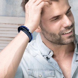 Raymard Mens Tiger Eye Black Obsidian Lava Rock Lapis Lazuli Stone Beaded Bracelet,Christian Cross Braided Leather Bracelet for Men-Lapis Lazuli