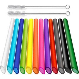 12 count Reusable Boba Straws, 13 mm x 10.5 inch Long Wide Colored Plastic Smoothie Straws for Bubble , Tapioca  with 2 Cleaning Brush - Pointed Design - Color: 8.5 INCH