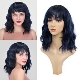 MOSINA Wigs for Women - Black Mix Light Blue Wig with Bangs for Women, Short Wavy Bob Wig, Cosplay Wig