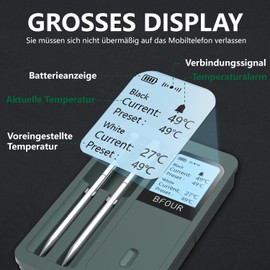 Meat Thermometer Wireless Bluetooth with 2 Sensors, Independent Booster, 100 m Bluetooth Range, LCD Display, Intelligent Grill Thermometer for BBQ, Grill, Smoker, Oven, Kitchen