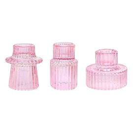 Hitopin 3 Pieces Glass Candle Holder, Taper Glass Candlestick Holders, Tealight Candle Holders, Candle Holders for Table Centerpieces, for Wedding Decor and Dinner Party, Shelf Decor (Pink)