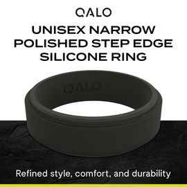 QALO Silicone Ring for Men & Women, Black (Size 8) - Narrow Polished Step Edge - Male & Female Wedding Bands - Unisex Silicone Rings - Rubber Engagement Rings for Him & Her - 6.5mm x 2mm
