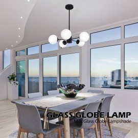 Bagood 5-Light Globe Sputnik Chandelier Mid Century Sputnik Chandeliers Modern Black Globe Pendant Light Matte Black Finished with White Frosted Glass Lampshade for Dining Room Bedroom Kitchen