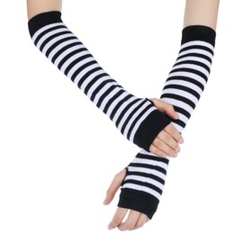 APLZGMG Y2K Striped Arm Warmers, Black & White Long Fingerless Knitted Gloves with Thumb Hole, Harajuku Kawaii Punk Gothic Arm Sleeves for Women & Men