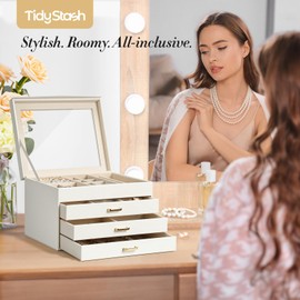 TidyStash 4-Layer Jewelry Box with Lid, Classic Jewelry Organizer with 3 Drawers for Women Girls, Adjustable Compartments, Modern Style, Cream White