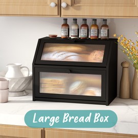 Vriccc Large Bread Box for Kitchen Counter, Double Layer Black Bamboo Wooden Large Capacity Bread Storage Bin with Acrylic Wavy Door Panel