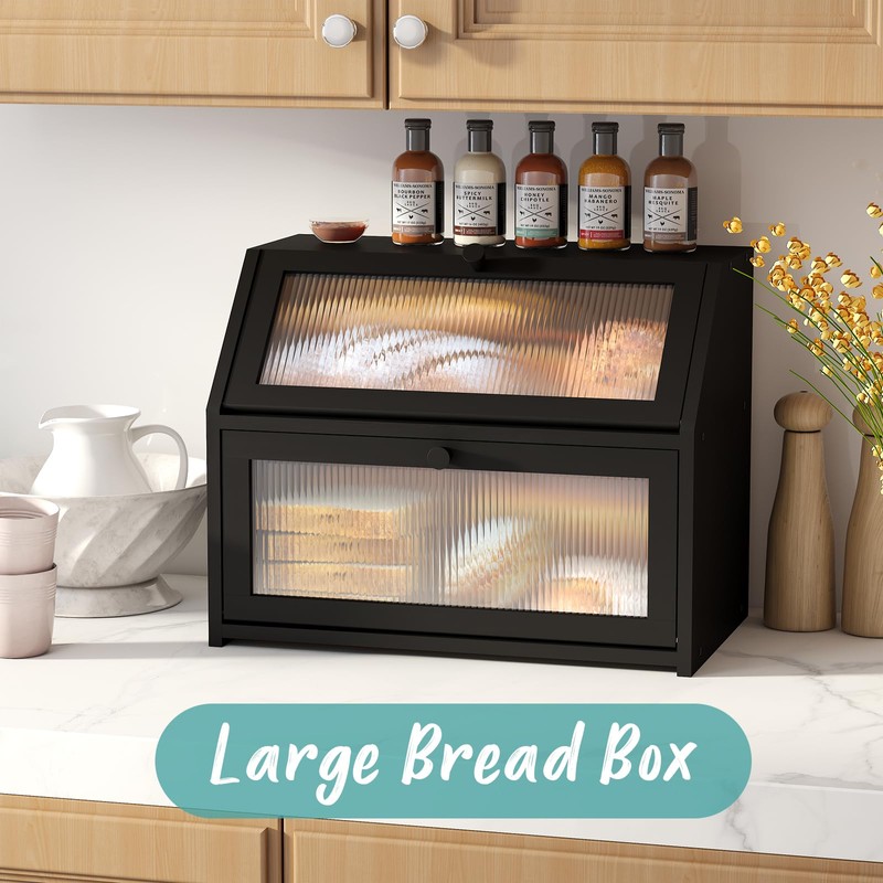 Vriccc Large Bread Box for Kitchen Counter, Double Layer Black