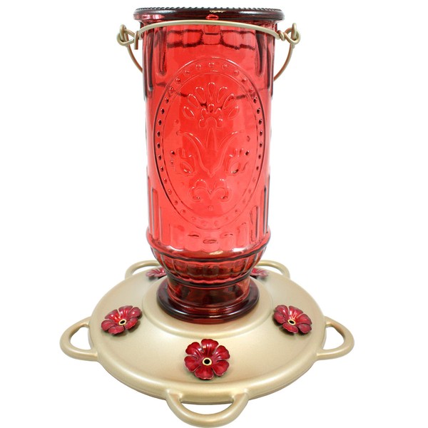 More Birds Red Vintage Hummingbird Feeder, Antique Glass Hummingbird Feeders for Outdoors, 5 Feeding Stations, 20 Ounces