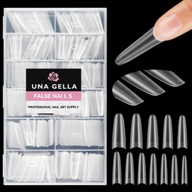 UNA GELLA 504pcs Extra Long Oval Fake Nails, Double-Sided Pre-Shaped Gel Acrylic XL Tips for Half Cover Nail Extension Home DIY & Salon 12 Sizes Gelly Tips