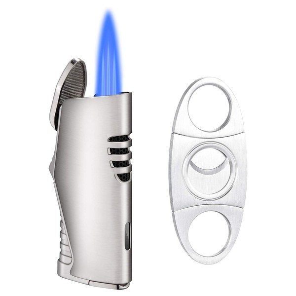 Torch Lighter, 3 Jet Flame Adjustable Butane Refillable Lighters- Sold Without Butane, Silver