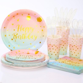 Happy Birthday Plates and Napkins Party Supplies,Rose Gold Birthday Decorations Include Birthday Plates and Napkins Cup Plastic Spoon Fork Knive Birthday Decorations for Women,Serve 24
