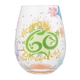 Enesco Lolita Designs Happy 60th Birthday Hand-Painted Artisan Stemless Wine Glass, 20 Ounce, Multicolor