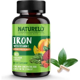 NATURELO NATURELO Iron Supplement with Vitamin C & Whole Foods - Gentle Iron Pills for Women & Men with Iron Deficiency Including Pregnancy, Anemia and Vegan Diets - 180 Mini Capsules | 6 Month Supply