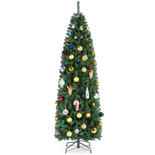 Topeakmart 7.5ft Unlit Pencil Slim Christmas Tree, Hinged Spruce Green