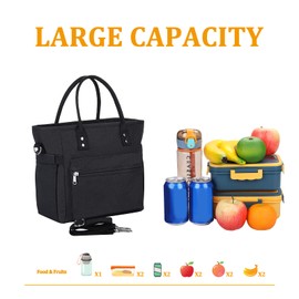 LARCISO Insulated Lunch Bag, Durable Lunch Tote Bag with Adjustable and Detachable Shoulder Strap, Leakproof Lunchbox for Women Men Adults, Thermal Lunch Box Container for Office Picnic Hiking（Black）