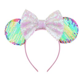 A Miaow Sequin Black Mouse Ears Headband Glitter Butterfly MM Bow Park Cruise Hairband for Girls Women Adults Princess Cosplay Party (Rainbow-White)