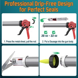 20 oz Sausage Caulk Gun, One-Touch Drip-Free | Effortless & Professional Design with Heavy-Duty Metal Body, 18:1 Thrust Ratio | for 20 oz Sausage Packs