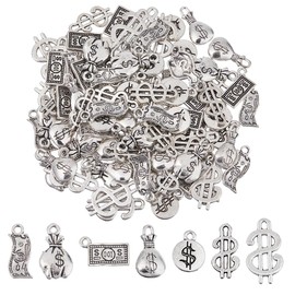 DICOSMETIC 98Pcs 7 Styles Money Charms Bulk Dollar Sign Charm Alloy Dollar Bill Charm 100 Sign Cash Charms Currency Pendant Metal Bill Pendants for DIY Necklace Bracelet Earring Jewelry Making