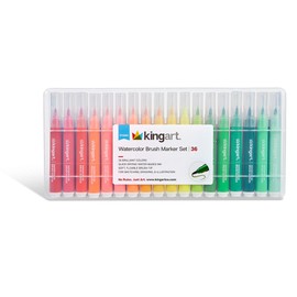 KINGART 405-36 Brush Tip Watercolor Illustration Markers with Case, 36 Colors, Wide Barrel for Easy Hold, Water-based Non-Toxic Ink, Soft Flexible Tip for Graphic, Sketch, Comic Art, Manga & Lettering