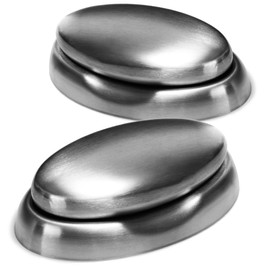 com-four® 2x stainless steel soap with stainless steel soap dish, environmentally friendly soap made of stainless steel, ideal for combating unpleasant odours on the hands (2 pieces - soap stainless steel)