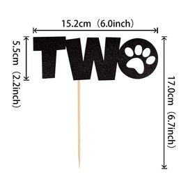 1 pieza de decoración para tartas de 2 años de edad, con purpurina negra, para tartas de cumpleaños para cachorros, perros, con temática de patas, niños y niñas, suministros de decoración de tartas para fiestas de cumpleaños