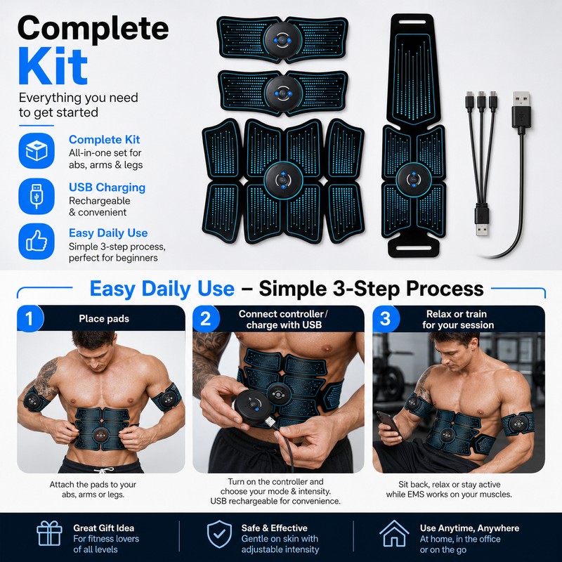 EMS Muscle Stimulator for Home Fitness – USB Rechargeable Ab