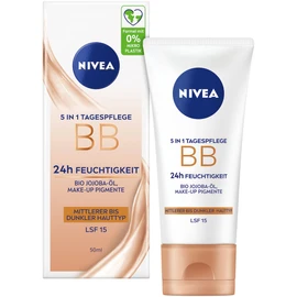 NIVEA 5 IN 1 Tagespflege BB 24h Feuchtigkeit LSF 15, getönte Tagescreme für mittlere bis dunkle Hauttypen, Gesichtscreme mit Bio Jojoba-Öl und Make-Up Pigmenten