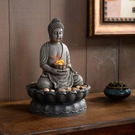 GOSSI 11.2 in Tall Indoor Decor Tabletop Buddha Fountain w/Reflective Lighting/Cobblestone Office and Home Decor