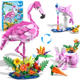 HOGOKIDS 3 in 1 Pink Flamingo Building Set with Flowers, Animal Figure with 3 Building Options - Flamingo, Bunny, or Dolphin, 558PCS Creative Easter Birthday Gift, Learning Toy for Kid Girl Boy Age 6+