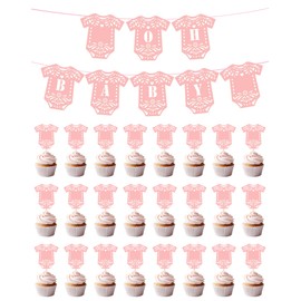 KARAQY Papel Picado Oh Baby Banner and Cupcake Toppers Set - Hollow Pink Baby Shower Decorations for Girl Birthday Mexican Fiesta Gender Reveal Party Decor