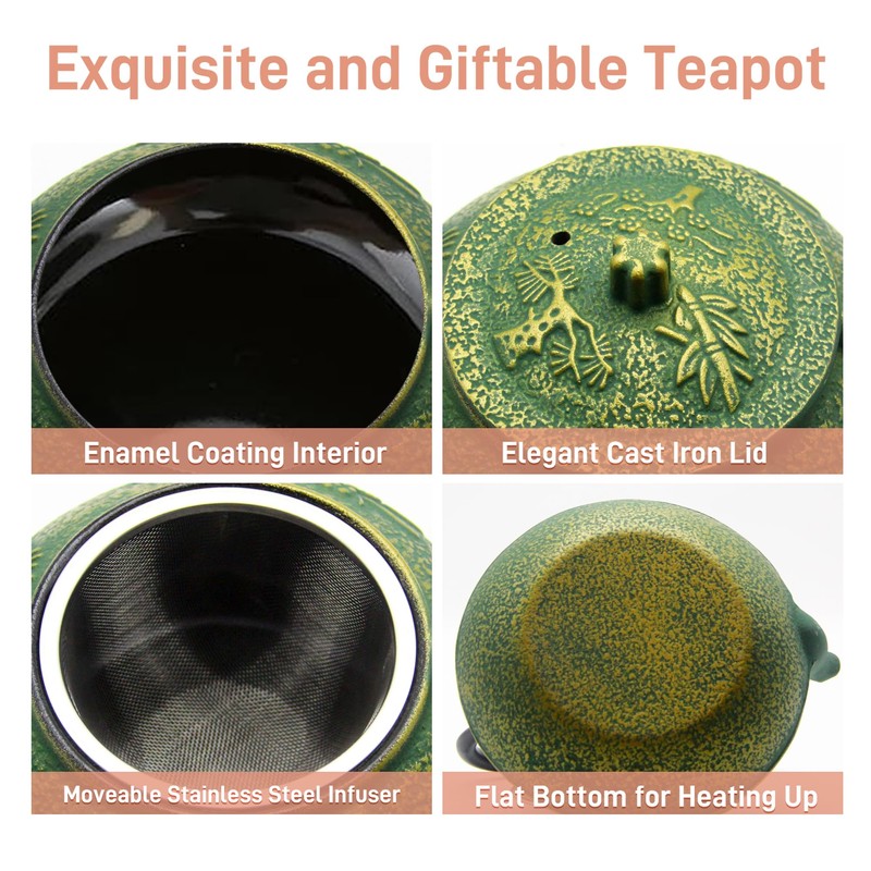900ml Small Cast Iron Tea Kettle, SECHUDO Teapot Coated with