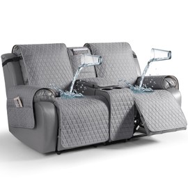 TAOCOCO 100% Waterproof Loveseat Recliner Cover with Console, Non-Slip Washable Reclining Couch Cover for 2 Seats, Furniture Protector for Dogs, Light Gray